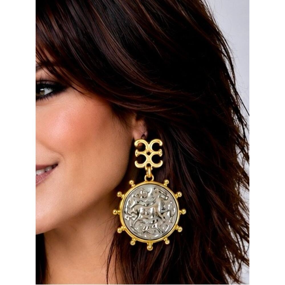 Equestrian Coin Statement Earrings Stainless Steel Gold Horse Medallion - Picture 4 of 7